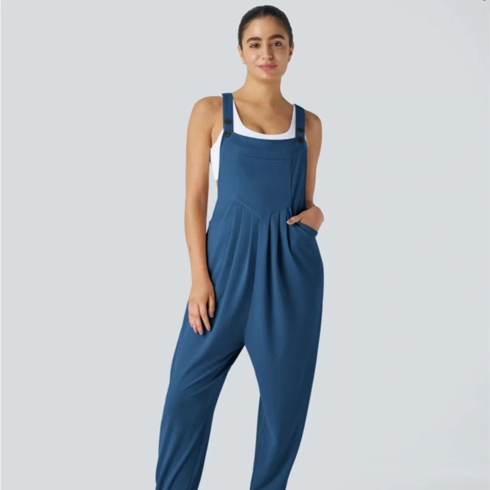 Halara Pockets Waffle Casual Jogger Overalls Women's Blue Jumpsuit Large - Picture 3 of 17